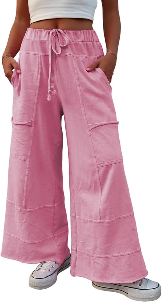 SELINK Casual Pants for Women Mineral Wash Lace-up Elastic High Waist Raw Hem Patched Pocket Soli... | Amazon (US)