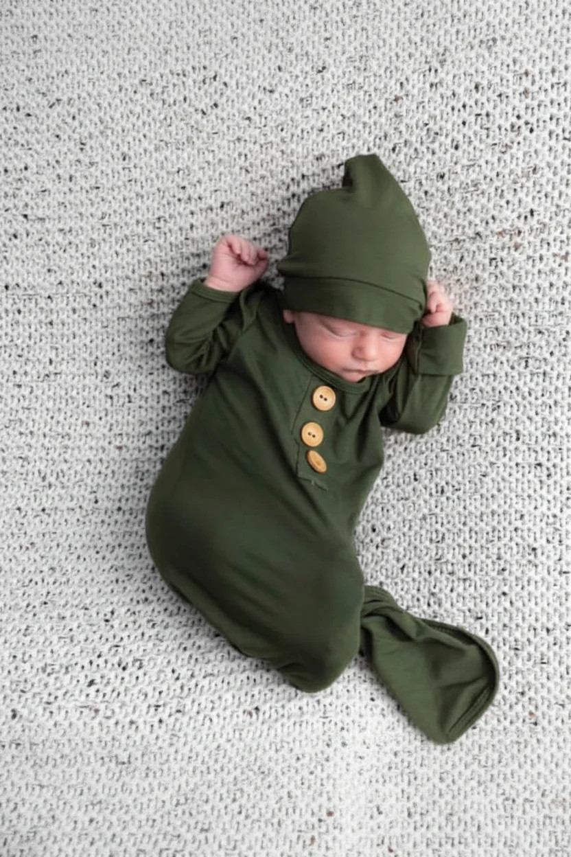 Solid Olive Bamboo Baby Knot Gown & Hat | Caden Lane