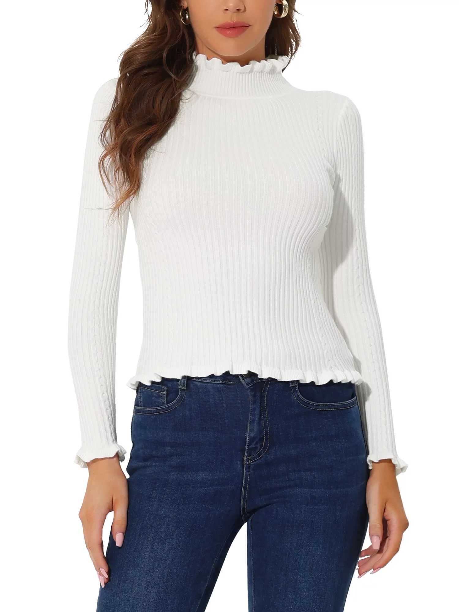 Allegra K Women's Classic Fit Long Sleeves Ruffle Mock Neck Sweater - Walmart.com | Walmart (US)