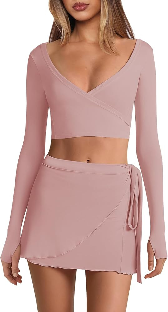 Panadila Womens 2 Piece Pilates Outfit Ballet Wrap Top and Ruffle Skirt Long Sleeve Yoga Skirt Se... | Amazon (US)