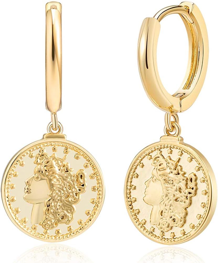 Dainty Coin Dangle Hoop Earrings for Women 14K Gold Plated Charm Huggie Earrings for Her | Amazon (US)
