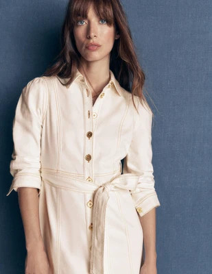 Boden Women's Belted Denim Midi Dress in White | Size 4 | Boden (US)