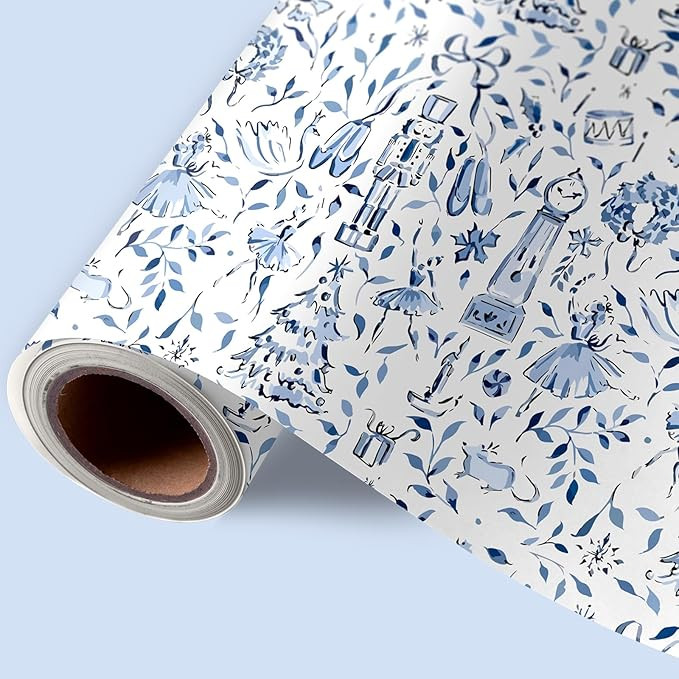 JarThenaAMCS Christmas Wrapping Paper - Mini Roll - 17 Inch x 32.8 Ft Blue Xmas Tree Nutcracker G... | Amazon (US)