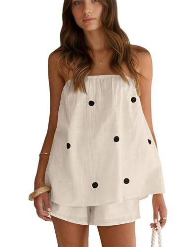 MSBESYOR Women Polka Dot Two Piece Shorts Set Strapless Tube Top Linen Lounge Sets Summer Vacation Resort Travel Outfits | Amazon (US)