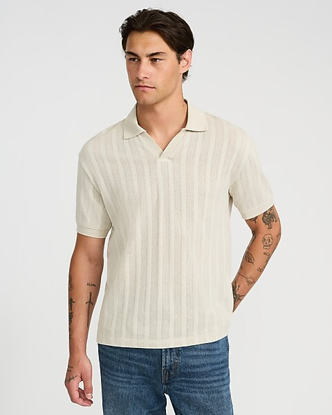 Classic Fit Ribbed Open Knit Johnny Collar Cotton Polo | Express