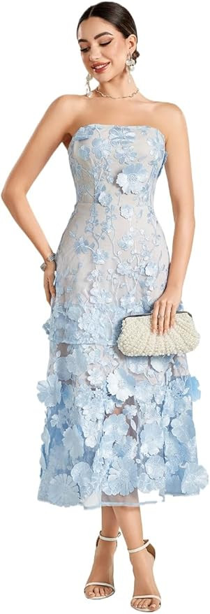 NeeMee 3D Floral Dress A Line Double Light Blue Daily Summer Seaside Memorial Gowns | Amazon (US)