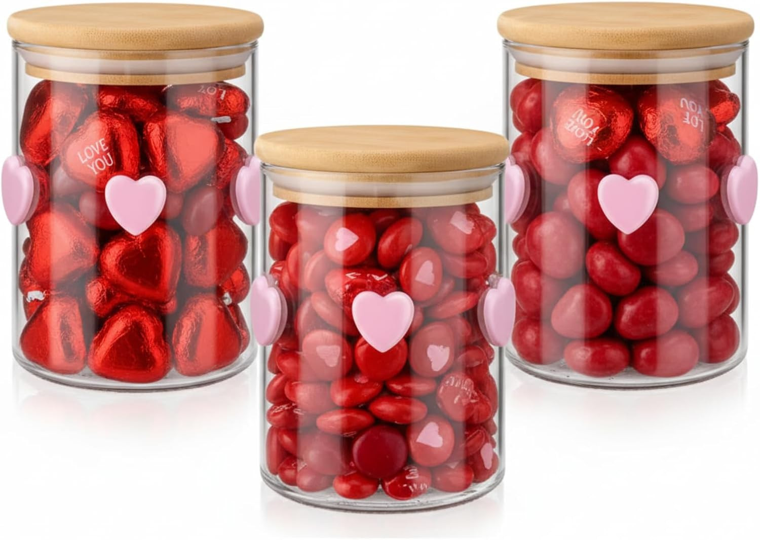 Reallnaive 3 Pcs Valentine's Day Icon Glass Storage Jars with Airtight Bamboo Lid Pink Heart Icon Valentine's Day Glass Jars Canister Sets for Home Kitchen Countertop Decoration | Amazon (US)