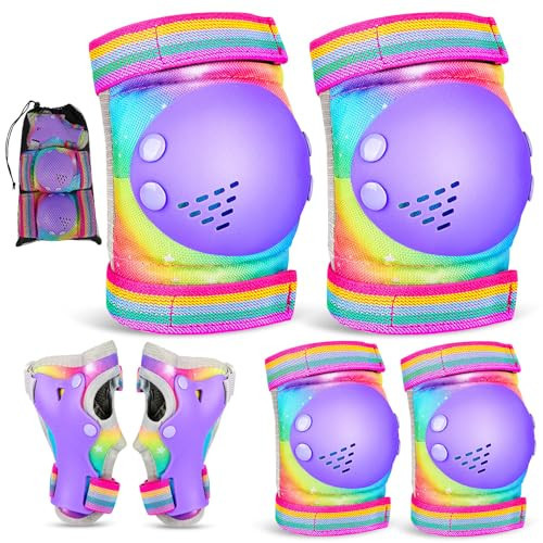 Knee Pads for Kids, Toddler Knee Pads and Elbow Pads Set Wrist Guards for Girls 3-12 Years, Adjustable Kids Protective Gear Set for Roller Skating Cycling Skateboard Scooter,Rainbow,8-12 Years | Amazon (US)