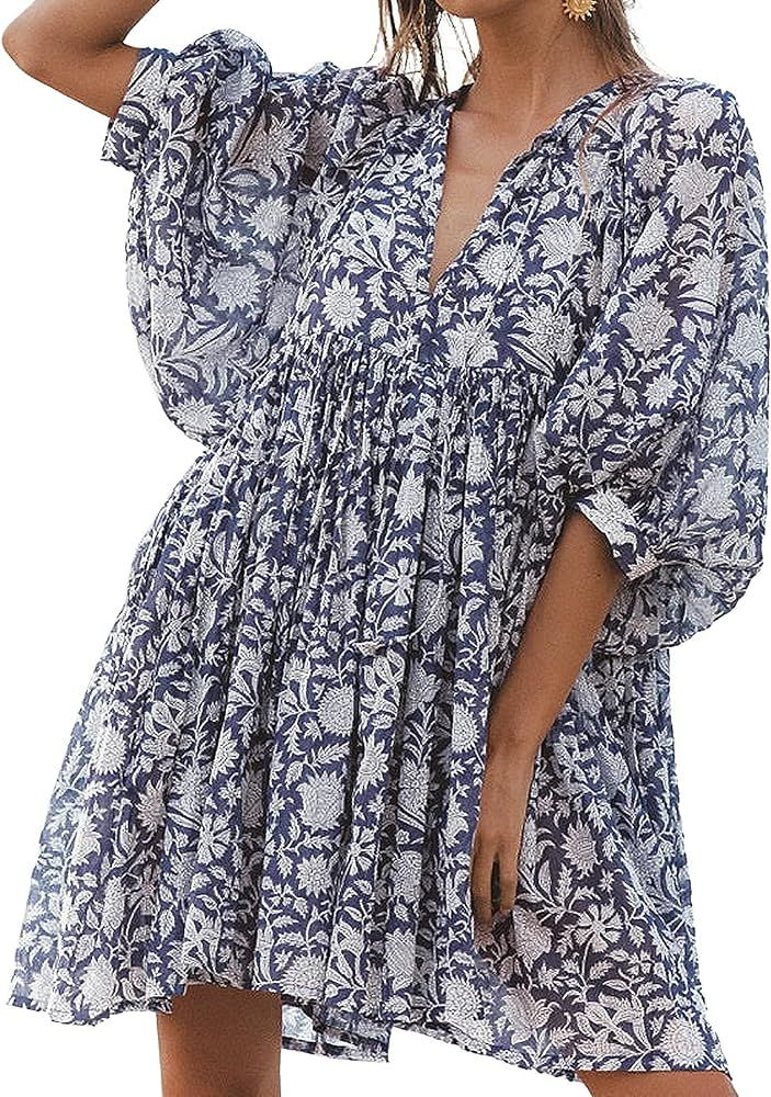 Puff Sleeve Dress for Women - Fall Beach Boho Half Open Collar Loose Midi Dress | Amazon (US)