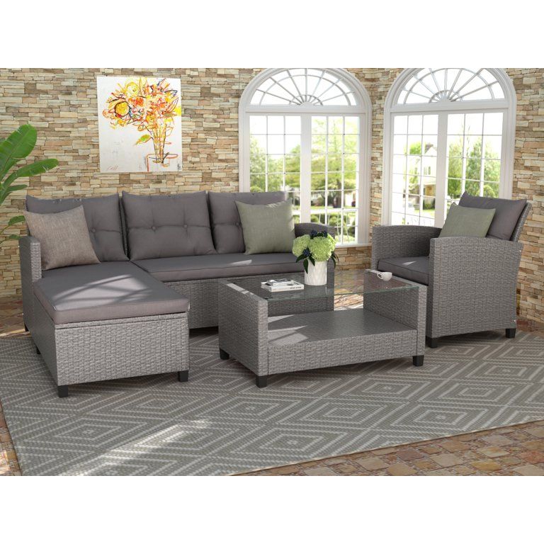 Rattan Patio Sofa Set, 4 Pieces Outdoor Sectional Furniture Set, All-Weather PE Rattan Wicker Pat... | Walmart (US)
