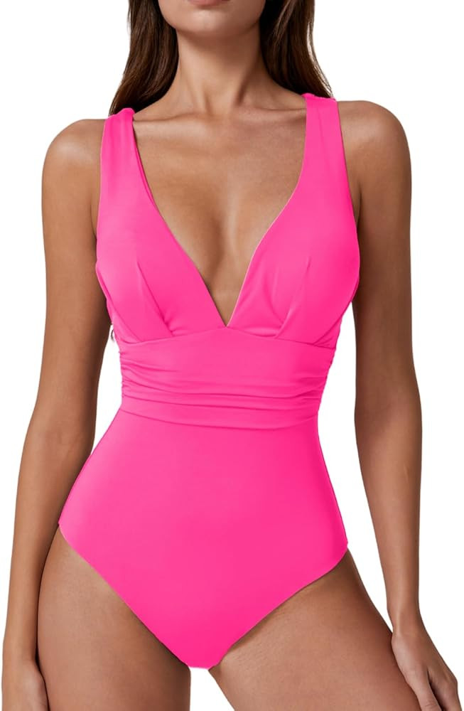 QINSEN Womens Sexy V Neck One Piece Bathing Suit Cross Back Swimsuit High Waist Monokini | Amazon (US)