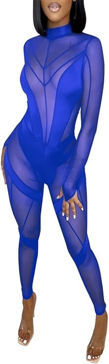 Women Sexy High Neck Sheer Mesh Splicing Bodycon Jumpsuit Romper Clubwear | Amazon (US)