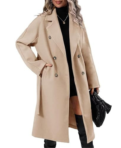 OPCAKM Women's Winter Wool Blend Pea Coat Double Breasted Notch Lapel Long Trench Coat(Beige-S) | Amazon (US)