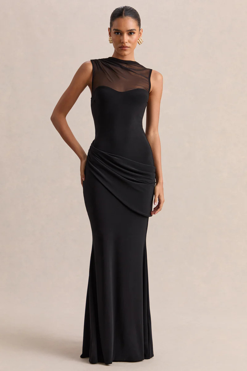 Lyssy  Black High-Neck Maxi Dress With Mesh-Detail | Club L London