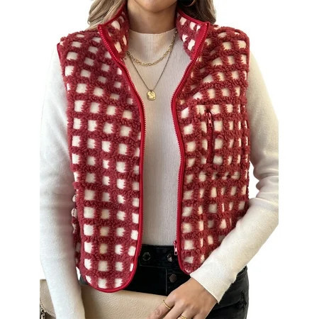 Rdhnmea Women’s Checkered Vest Sleeveless Stand Collar Zip Up Vest Jacket | Walmart (US)