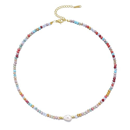ERNAULO Colorful Beaded Necklaces for Women Crystal Bead Necklace Beach Necklaces Boho Necklaces for Women Pearl Beaded Choker Necklace(CK-Color-1pearl) | Amazon (US)