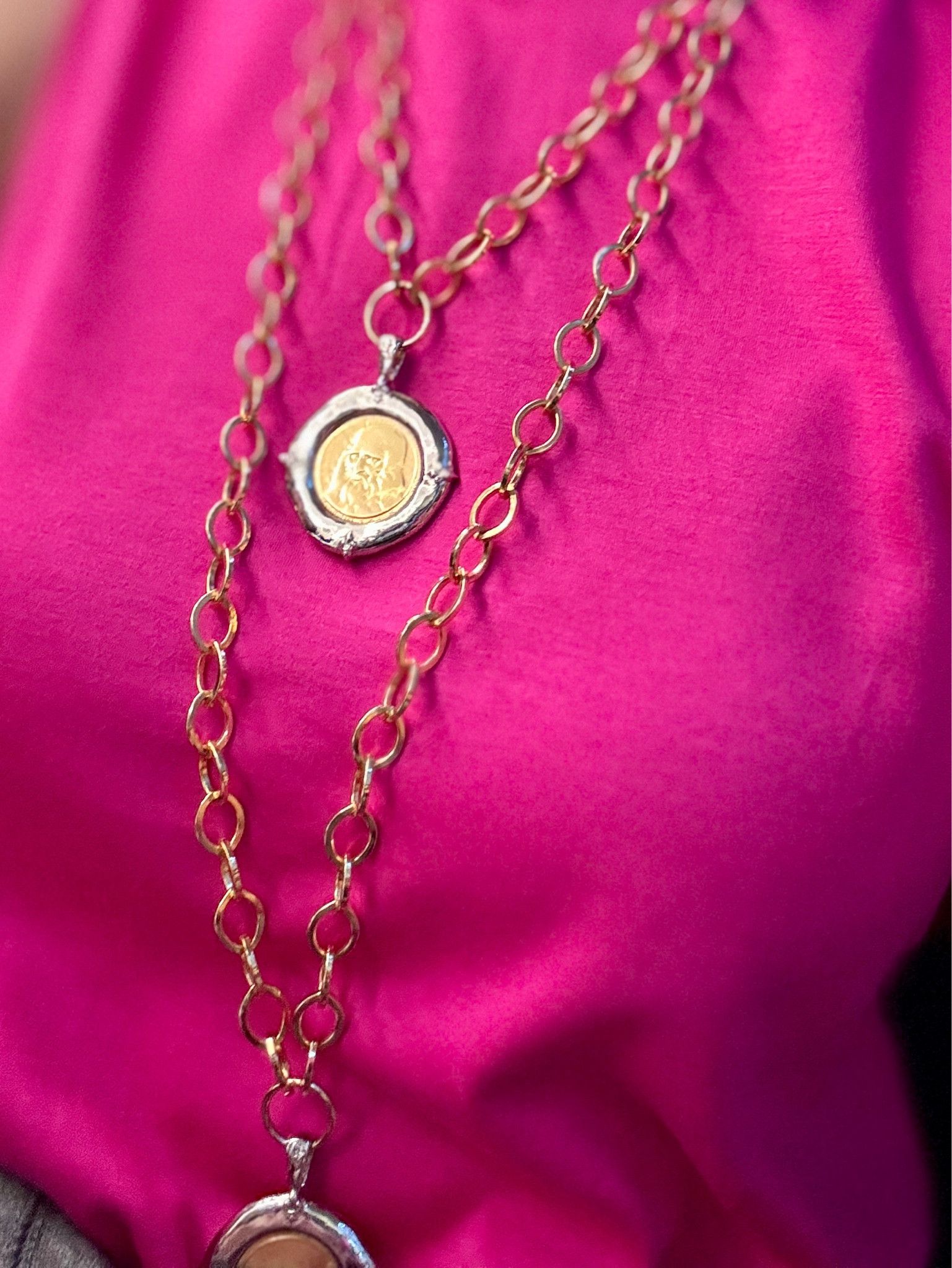 I get so many DMs each day asking me about Jennifer Ponson’s gorgeous jewelry, so I thought I’d take another opportunity to share the details from her Italian Treasures Coin Collection.

My long necklace is...
*36" Matte Gold Chain
Necklace
*Coin is 11/4"
Pewter Polished Bezel embellished with raised Fleur De Lis
*Gold Plated David
Coin double sided

The shorter necklace is...
* 21" Gold Plated Chain
Necklace
*Gold Plated T-Bar Closure
Coin is 1 1/4"
*Pewter Polished Bezel
embellished with raised Fleur De Lis
*Gold Plated Leonardo da
Vinci Coin double sided

Here is the close up of my Jennifer Ponson jewelry, then at check out, put Lauren10 for the coupon code. If you put Lauren10, then hit “apply” then type in “freeship,” and hit “apply,” you will get free shipping in addition to 10% off 😊 I have the 21”, the 36”, and the bracelet and earrings in the Italian Coin collection and the Engraved Heart of Mary, Sunburst Serenade, crystal drop earrings, and Argentina Bloom ring in the Tango Collection! 

#LTKOver40 #LTKStyleTip #LTKTravel