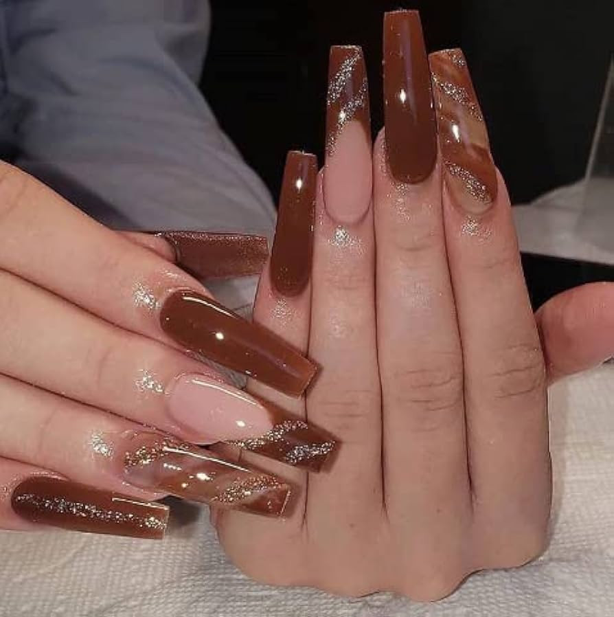 Neckon Valentine's Day Coffin False Nails Brown Fake Nails Long French Ballerina Press on Nails Glitter Acrylic Full Cover Stick on Nails for Women and Girls(24pcs) | Amazon (UK)