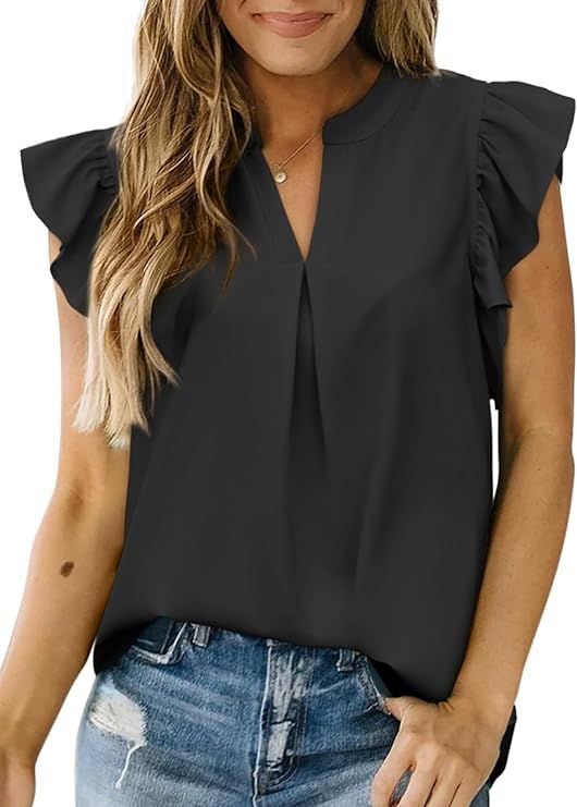 Dokotoo Womens Summer Tops Dressy Casual V Neck Ruffle Short Sleeve Solid Blouses Tops | Amazon (US)