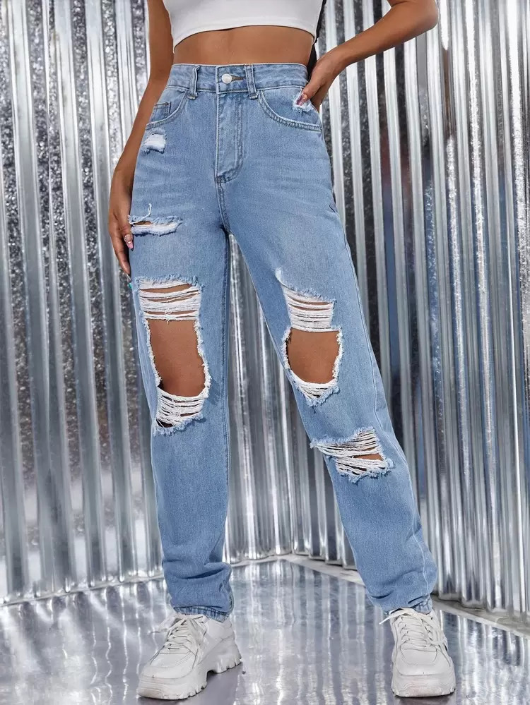 Zipper Fly Ripped Detail Jeans | SHEIN