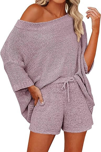 Mafulus Women's 2 Piece Outfits Sweater Sets Off Shoulder Knit Top Shorts Matching Suits Cute Paj... | Amazon (US)