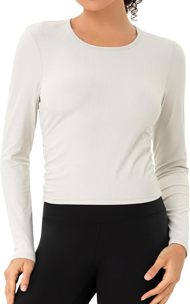 YUNOGA Women's Long Sleeve Workout Shirts Ribbed Compression Shirt Athletic Yoga Slim Fit Tops | Amazon (US)