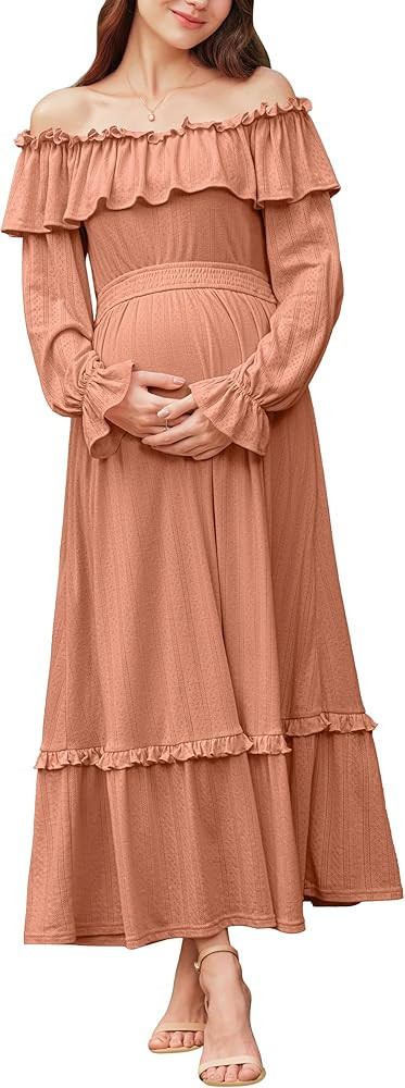 OUGES Women's Cotton Blend Off Shoulder Maternity Dress for Photoshoot Puff Sleeve Ruffle Baby Sh... | Amazon (US)