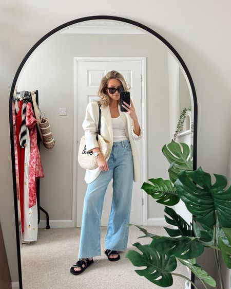 Cream oversized blazer, cream ribbed racer tank vest, denim wide leg jeans, basket bag shoulder bag, flat sandals Hermes dupe, 

#LTKuk #LTKsummer #LTKspring