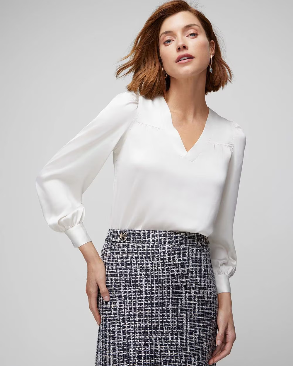 Long Sleeve Topstitch Satin Blouse | White House Black Market