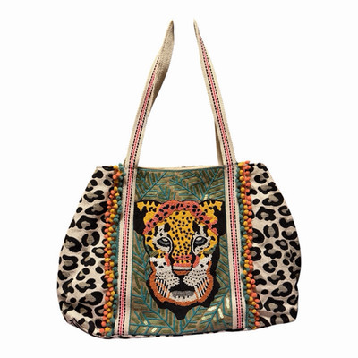 America & Beyond Large Leopard Print Tote Beaded Tiger Pom Pom | eBay | eBay US