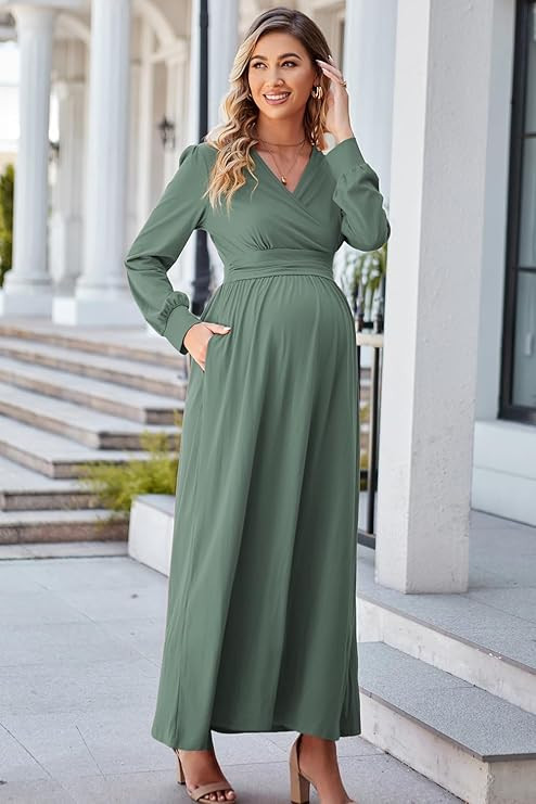 OUGES Maternity Maxi Dress Wrap V Neck Baby Shower Pregnancy Dresses for Photoshoot | Amazon (US)