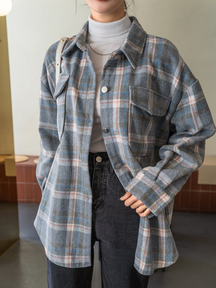 DAZY Tartan Flap Pocket Drop Shoulder Shirt | SHEIN