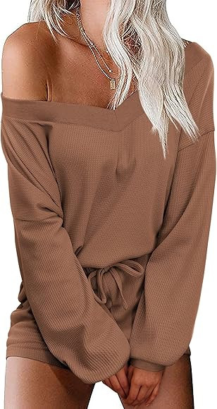 Ekouaer Womens Pajama Set Waffle Knit Lounge Set V Neck Off Shoulder Sleepwear Long Sleeve Top an... | Amazon (US)