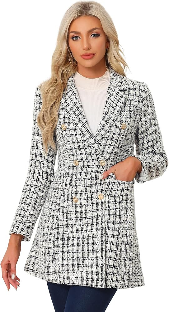 Allegra K Women's Tweed Blazers Elegant Double Breasted Long Jacket Outerwear Plaid Coat | Amazon (US)
