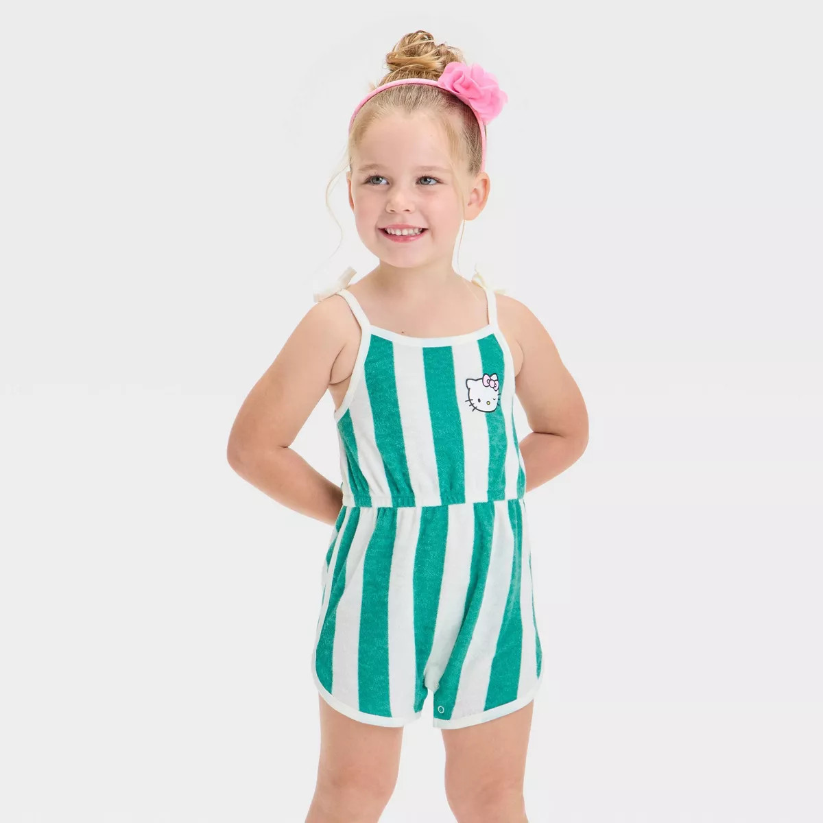 Hello Kitty Toddler Girls' Sport Short Leg Striped Romper - Green/White | Target