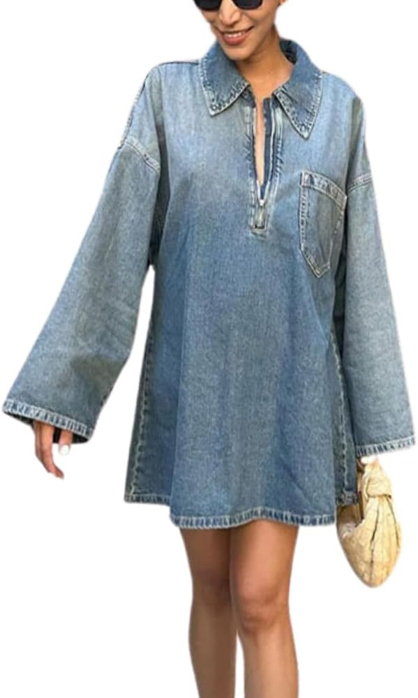 utcoco Women 2025 Fashion Fall Long Sleeve Denim Mini Dress 1/4 Zip Up Short Jean Dresses with Po... | Amazon (US)