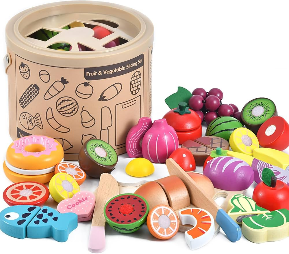 WHOHOLL Wooden Play Food for Kids Kitchen Playset, Play Kitchen Accessories Pretend Cutting Food ... | Amazon (US)