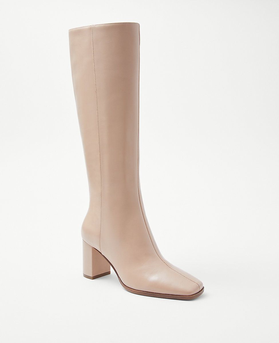 Block Heel Square Toe Leather Boots | Ann Taylor (US)