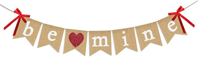 Be Mine Burlap Banner | Valentine's Day Decorations | Valentines Banner with Glitter Heart Sign |... | Amazon (US)