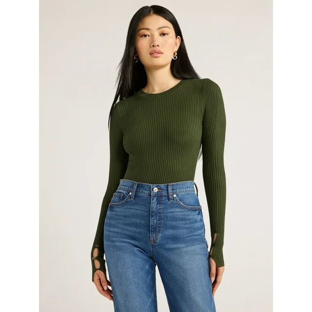 Scoop Women's Ribbed Knit Sweater Bodysuit with Long Sleeves, Sizes XS-XXL | Walmart (US)