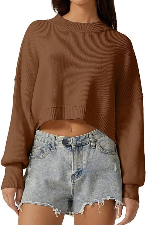 QINSEN Women's Mock Neck Cropped Sweater Long Sleeve Drop Shouler Oversized Knit Pullover Tops | Amazon (US)