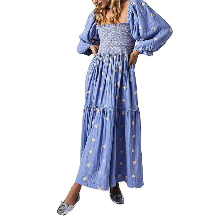 Women Floral Embroidered Maxi Dress Long Puff Sleeve Square Neck Bohemian Flowy Dress With Pocket... | SHEIN