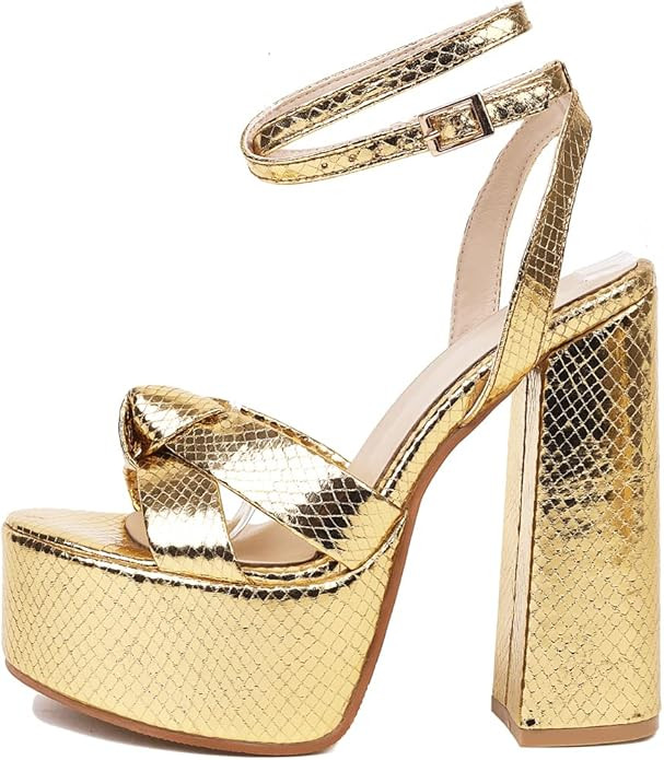 YIYA Women's Metallic Platform Chunky Heeled Sandals Open Round Toe Strappy Heels Ankle Strap Wed... | Amazon (US)