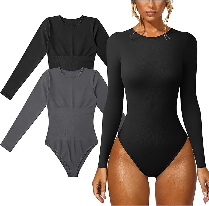 GXIN Women's 2 Piece Sexy Bodysuit Long Sleeve Ribbed Bodycon Bodysuits | Amazon (US)