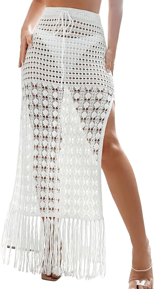 Verdusa Women's Fringe Trim Split Sheer Crochet Swimsuit Bikini Cover Up Skirt | Amazon (US)