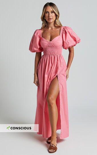 Raiza Midi Dress - Shirred Waist Puff Sleeve Dress in Coral Pink | Showpo (US, UK & Europe)