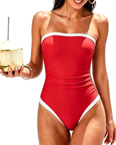 SUUKSESS Women One Piece Tummy Control Swimsuit Strapless Bandeau Bathing Suit | Amazon (US)