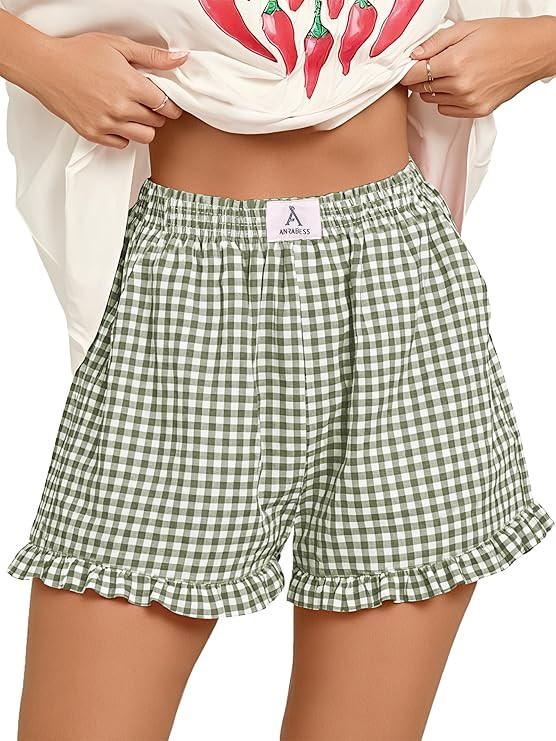 ANRABESS Womens Ruffle Boxer Shorts Pajama Gingham Shorts Summer Casual Lounge Sleep Plaid Beach ... | Amazon (US)
