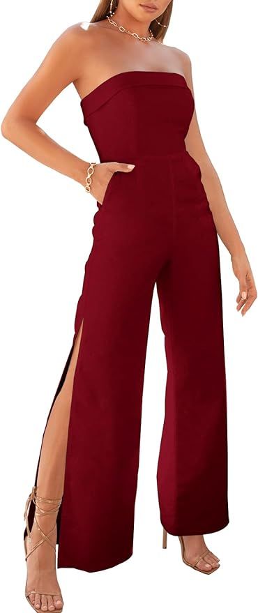 Prinbara Women's Jumpsuits Dressy Strapless Summer Off Shoulder High Waist Wide Leg Slit Rompers ... | Amazon (US)