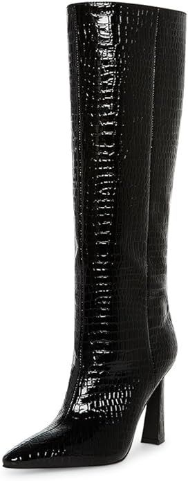Adrizzlein Women Knee High Boots Pointed Toe Side Zipper Chunky Spool Heel Boot | Amazon (US)